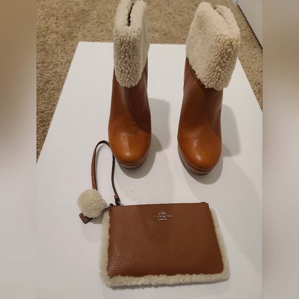 NEW Sherpa Cuffed Leather Coach Booties and Coach Wristlet